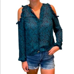 MICHAEL MICHAEL KORS cold shoulder long sleeve top•ruffles at shoulders•sz XS